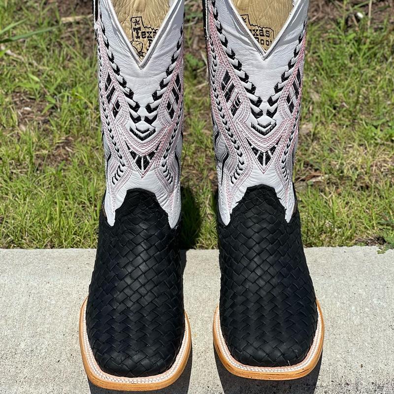 MENS BLACK & WHITE BASKETWEAVE WESTERN BOOTS