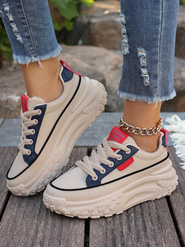 Fashionable Colorblock Low Top Lace Up Chunky Sneakers, Casual Comfortable Sports Shoes for Daily Wear, Female All-match Round Toe Shoes for Daily Wear