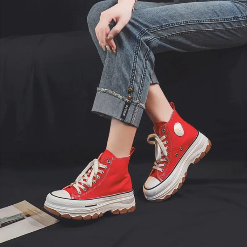 Trendy High Top Canvas Shoes for Women 2024 New Thick Sole Heightening Retro Simple Casual Vulcanized Shoes Women Shoes