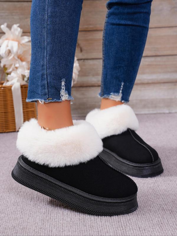 Minimalist Solid Round Toe Thick Soles Boots, Boots for Fall 2024, Casual Comfortable Fuzzy Lined Slip on Platform Boots for Fall & Winter, Fall Boots, Fluffy Snow Boots for Women Fall Outfits 2024