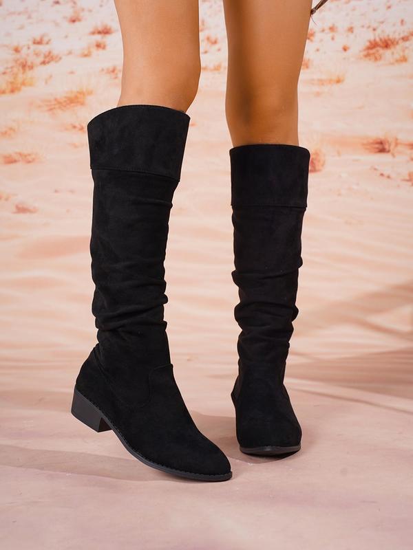 Women's Solid Ruched Design Boots, Fashionable Pointed Toe Knee Boots for Daily Wear, Casual Comfortable Slip on Boots for Women & Girls