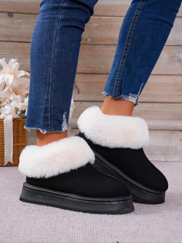 Minimalist Solid Round Toe Thick Soles Boots, Boots for Fall 2024, Casual Comfortable Fuzzy Lined Slip on Platform Boots for Fall & Winter, Fall Boots, Fluffy Snow Boots for Women Fall Outfits 2024