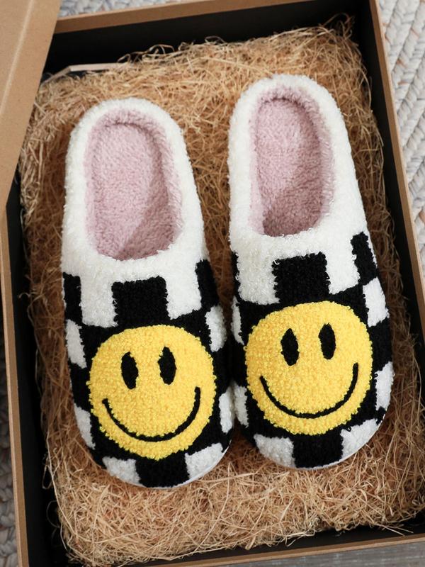 Women's Cartoon Smile Face & Checked Pattern Plush Slippers, Casual Soft Comfortable Home Slippers, Warm Slippers for Fall & Winter, Walking Shoes, Fall Outfits, Fall Freshness