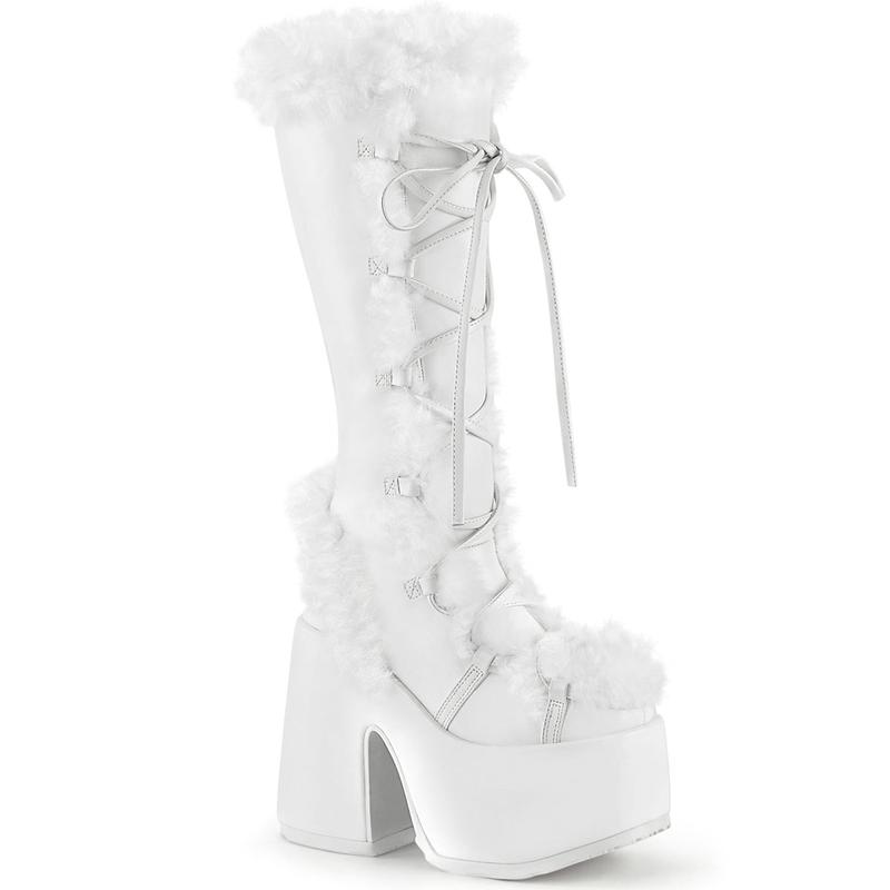 Demonia Camel-311 White Vegan Leather Knee-high Boots