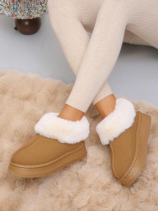 Minimalist Solid Round Toe Thick Soles Boots, Boots for Fall 2024, Casual Comfortable Fuzzy Lined Slip on Platform Boots for Fall & Winter, Fall Boots, Fluffy Snow Boots for Women Fall Outfits 2024