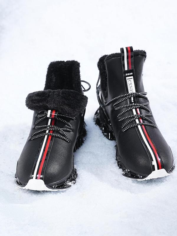 Men's Letter Print Lace Up Blade Sole Running Shoes, Casual Sporty Warm Thermal Lined High Top Boots, Male All-match Round Toe Sports Shoes for Daily Wear