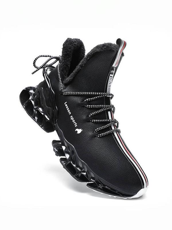 Men's Letter Print Lace Up Blade Sole Running Shoes, Casual Sporty Warm Thermal Lined High Top Boots, Male All-match Round Toe Sports Shoes for Daily Wear