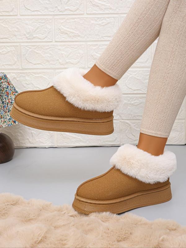 Minimalist Solid Round Toe Thick Soles Boots, Boots for Fall 2024, Casual Comfortable Fuzzy Lined Slip on Platform Boots for Fall & Winter, Fall Boots, Fluffy Snow Boots for Women Fall Outfits 2024