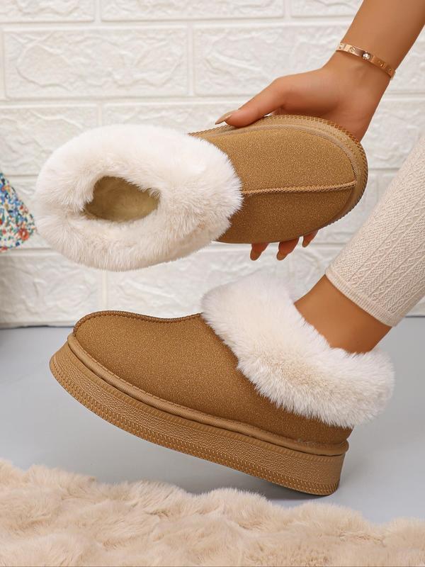 Minimalist Solid Round Toe Thick Soles Boots, Boots for Fall 2024, Casual Comfortable Fuzzy Lined Slip on Platform Boots for Fall & Winter, Fall Boots, Fluffy Snow Boots for Women Fall Outfits 2024