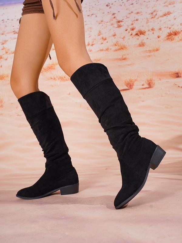 Women's Solid Ruched Design Boots, Fashionable Pointed Toe Knee Boots for Daily Wear, Casual Comfortable Slip on Boots for Women & Girls