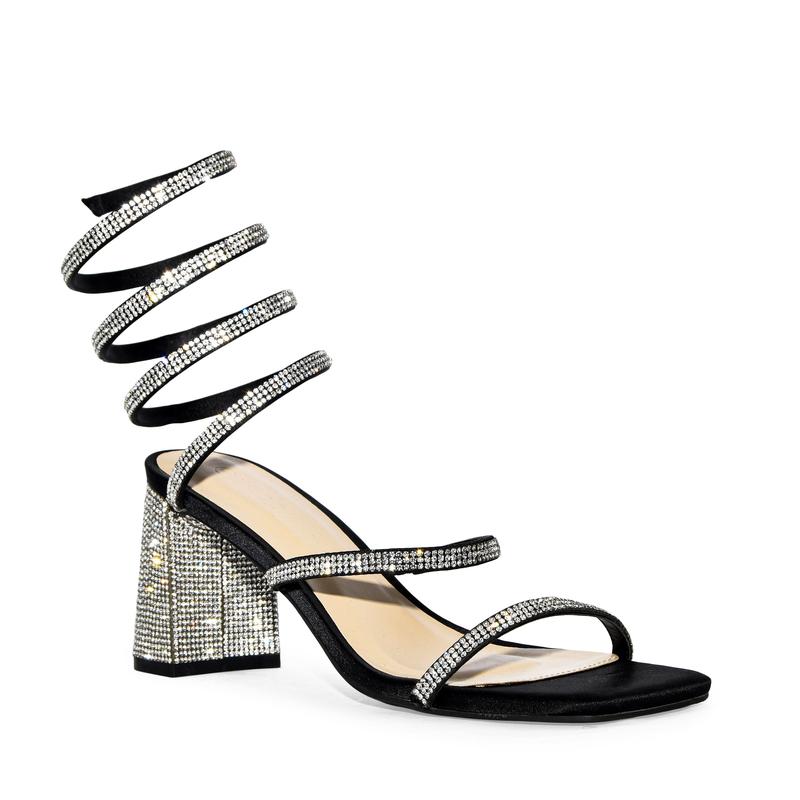 Wild Diva Elegant Formal Rhinestone Coil Wrap Around Spiral Ankle Strap Square Toe Low Block Heels