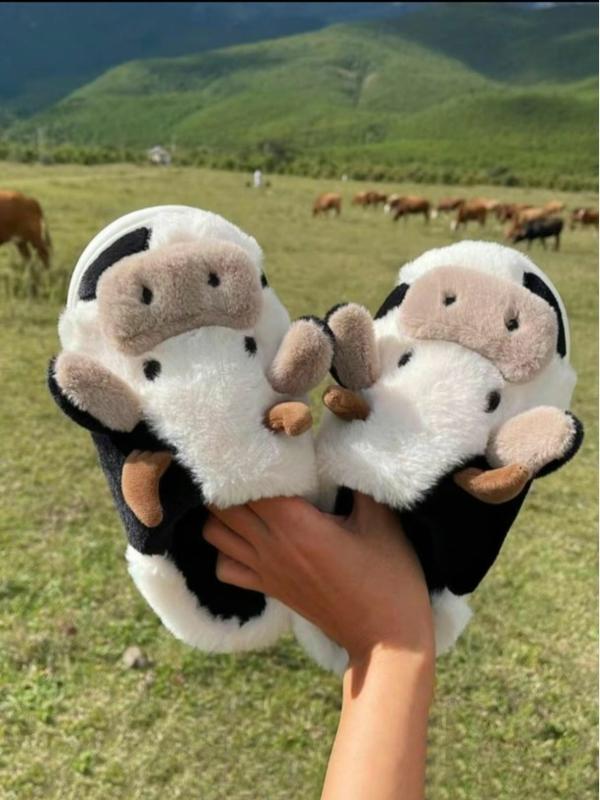 Cute Cow Plush Slippers for Women,Personalized Cartoon Animal Design Softand Comfortable Slippers, Fall & WinterFashion Warm Household Slippers, HouseShoes, Fall Outfits,Fall Freshness Footwear Girl Stylish Slide Flipflop Walking Shoes