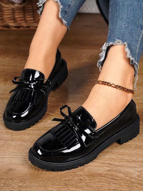 Women's Elegant Glossy Finish Bow & Fringe Decor Loafers, Round Toe Patent Leather Flat Shoes, Thick Sole Shallow Mouth Loafer Shoes, Fashionable Walking Shoes for Daily Wear