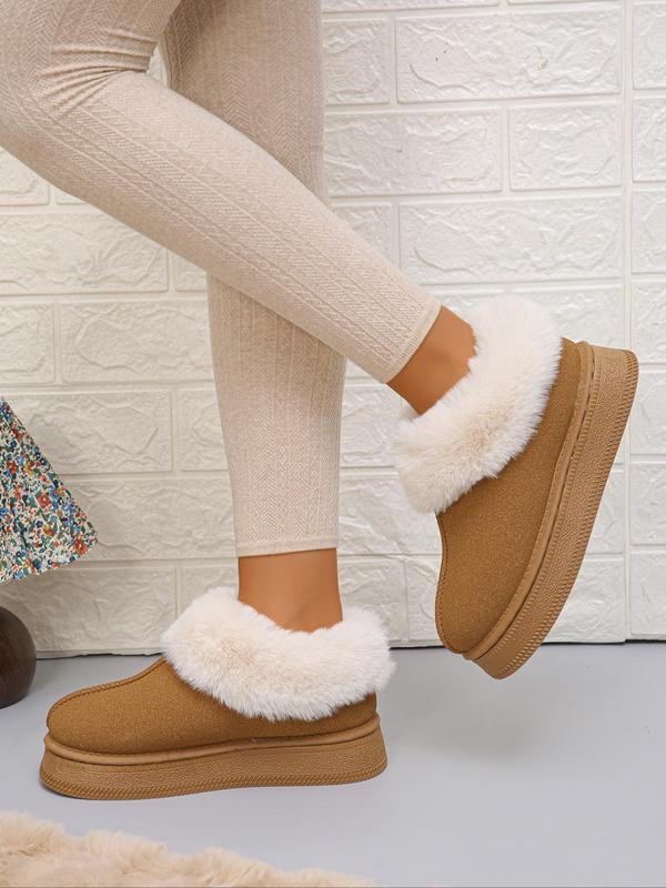 Minimalist Solid Round Toe Thick Soles Boots, Boots for Fall 2024, Casual Comfortable Fuzzy Lined Slip on Platform Boots for Fall & Winter, Fall Boots, Fluffy Snow Boots for Women Fall Outfits 2024