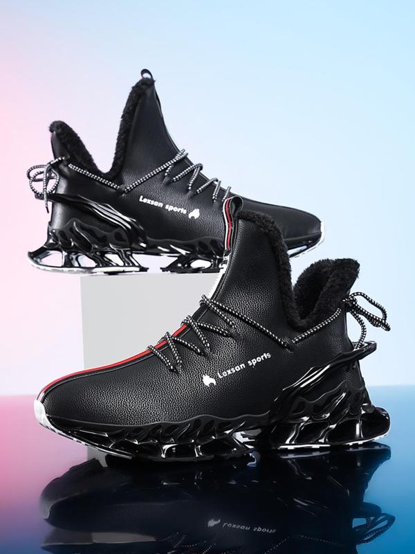 Men's Letter Print Lace Up Blade Sole Running Shoes, Casual Sporty Warm Thermal Lined High Top Boots, Male All-match Round Toe Sports Shoes for Daily Wear