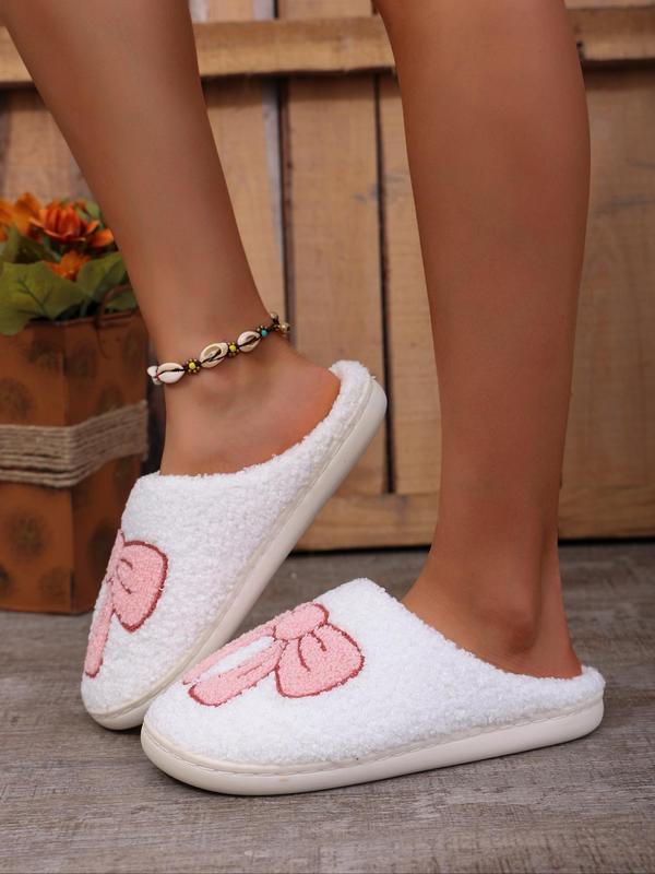 Women's Cute Bowknot Pattern Plush Slippers, Casual Soft Comfortable Home Slippers, Warm Slippers for Indoor & Outdoor Use for Fall & Winter