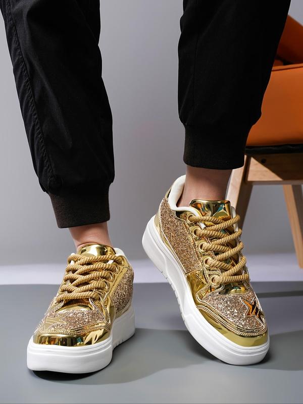 Men's Star Decor Lace Up Low Top Sequins Sneakers, Street Style Comfortable Non-slip Chunky Shoes for Daily Life, Fashion All-match Shoes for Men