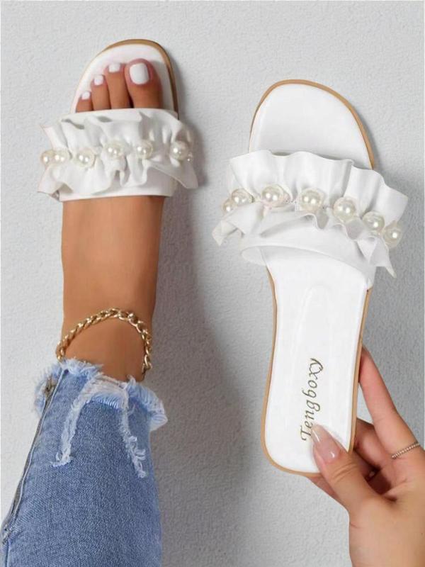 Women's Cute Faux Pearl Decorated Ruched Design Slide Sandals, 1 Pair Casual Comfortable Flat Slippers for Summer, Fashion Shoes for Indoor & Outdoor Wear