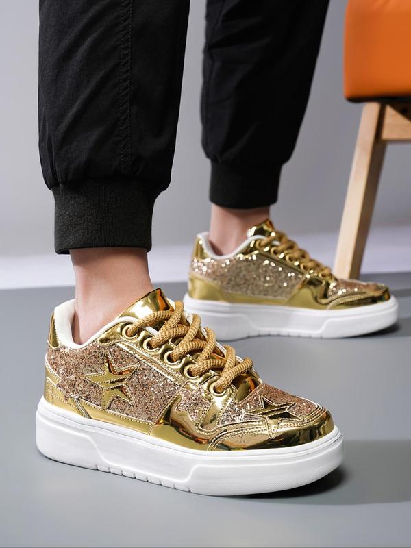 Men's Star Decor Lace Up Low Top Sequins Sneakers, Street Style Comfortable Non-slip Chunky Shoes for Daily Life, Fashion All-match Shoes for Men