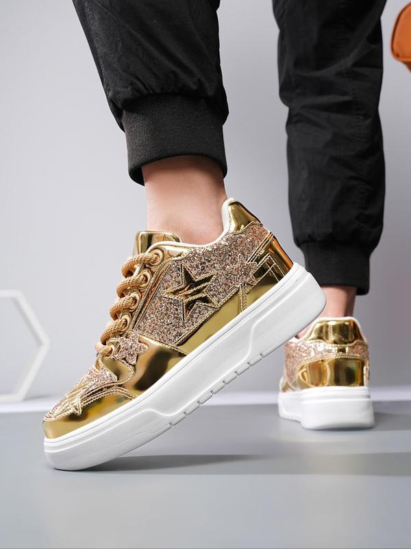 Men's Star Decor Lace Up Low Top Sequins Sneakers, Street Style Comfortable Non-slip Chunky Shoes for Daily Life, Fashion All-match Shoes for Men