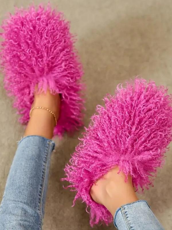 Women's Solid Color Fluffy Plush Slippers, Casual Soft Comfortable Home Slippers, Warm Slippers for Indoor & Outdoor Use for Fall & Winter