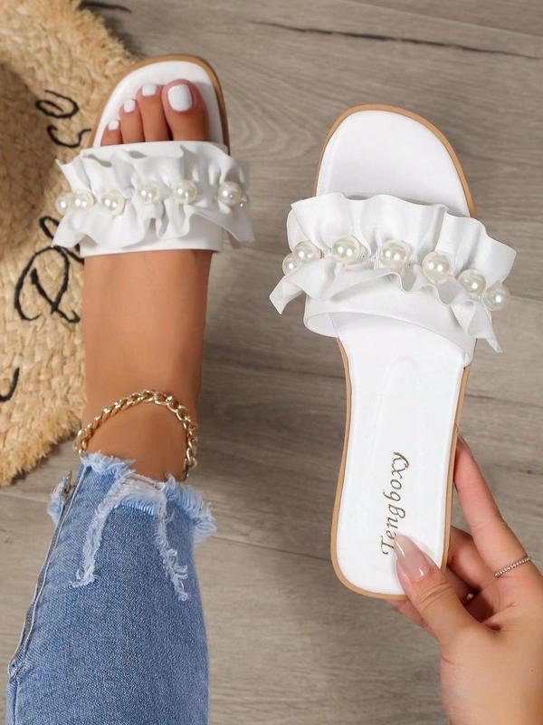 Women's Cute Faux Pearl Decorated Ruched Design Slide Sandals, 1 Pair Casual Comfortable Flat Slippers for Summer, Fashion Shoes for Indoor & Outdoor Wear