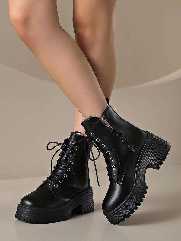 Women's Fashionable Lace Up Front Platform Boots, Casual Comfortable Zipper Round Toe Boots for Fall & Winter, Female All-match Trendy Shoes for Daily Wear