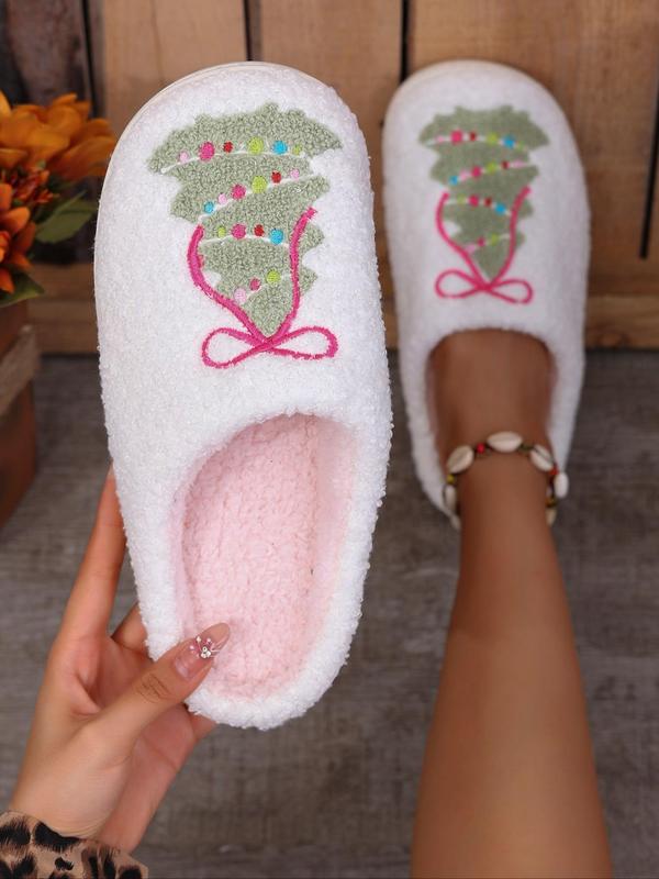 Women's Christmas Tree Embroidery Fluffy Slippers, Casual Soft Comfortable Home Slippers, Warm Slippers for Indoor & Outdoor Use for Fall & Winter