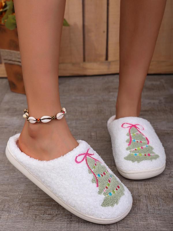 Women's Christmas Tree Embroidery Fluffy Slippers, Casual Soft Comfortable Home Slippers, Warm Slippers for Indoor & Outdoor Use for Fall & Winter