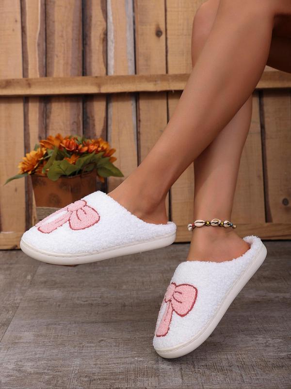 Women's Cute Bowknot Pattern Plush Slippers, Casual Soft Comfortable Home Slippers, Warm Slippers for Indoor & Outdoor Use for Fall & Winter