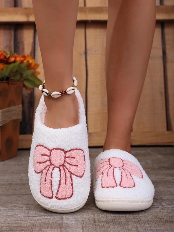 Women's Cute Bowknot Pattern Plush Slippers, Casual Soft Comfortable Home Slippers, Warm Slippers for Indoor & Outdoor Use for Fall & Winter