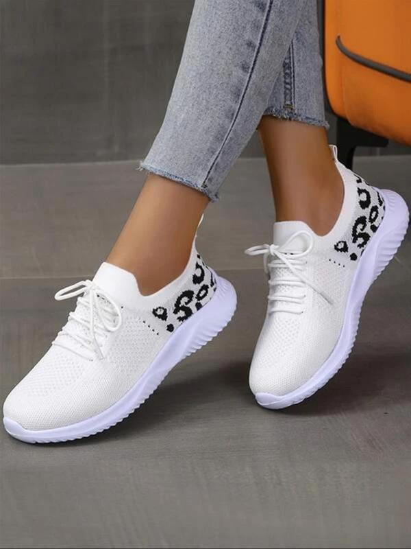 Leopard Print Lace up Low Top Sneakers, Fall 2024 Casual Athletic Lightweight Comfortable Training Running Sports Shoes, Trainer for Back To School Footwear 2024, Fall Outfits, Fall Freshness