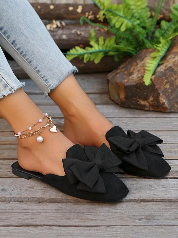 Women's Fashionable Bowknot Design Mule Flats, Casual Comfortable Square Toe Flat Shoes for Daily Wear, Lightweight Breathable Shoes for All Seasons