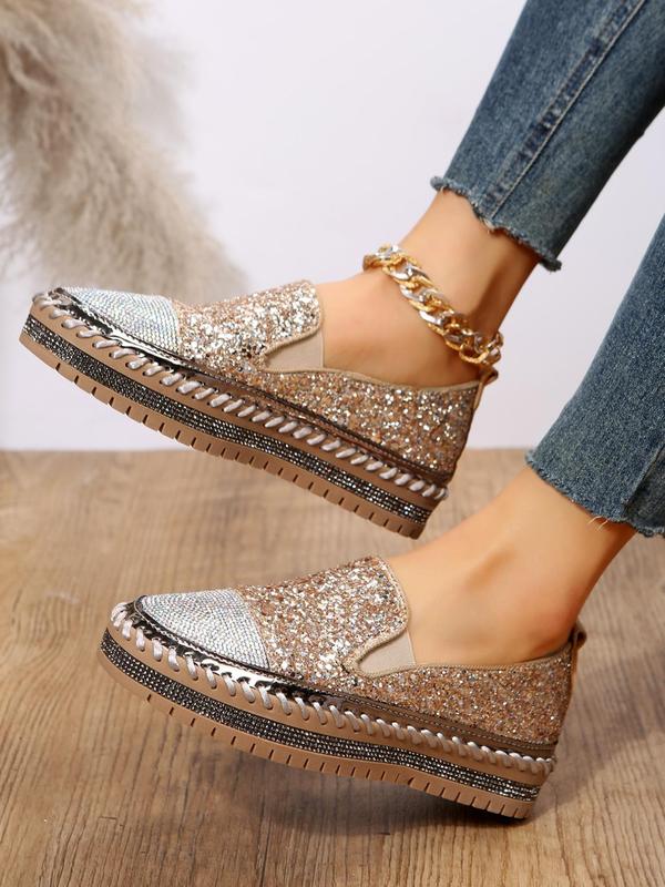 Women's Fashion Rhinestone Decorated Slip on Platform Shoes, Casual Lightweight Glittering Sequin Decor Shoes for Daily Wear, Non-slip Comfortable Shoes for Women & Girls