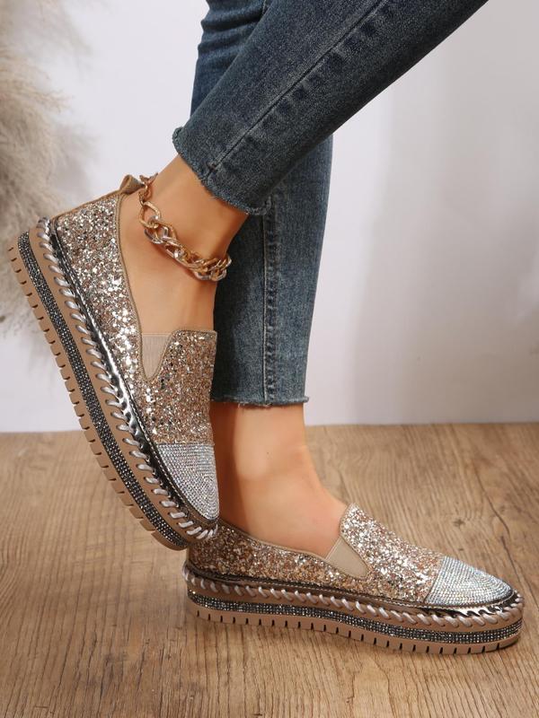 Women's Fashion Rhinestone Decorated Slip on Platform Shoes, Casual Lightweight Glittering Sequin Decor Shoes for Daily Wear, Non-slip Comfortable Shoes for Women & Girls