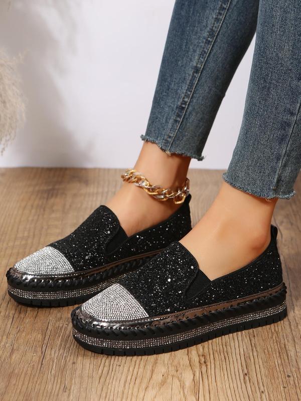 Women's Fashion Rhinestone Decorated Slip on Platform Shoes, Casual Lightweight Glittering Sequin Decor Shoes for Daily Wear, Non-slip Comfortable Shoes for Women & Girls