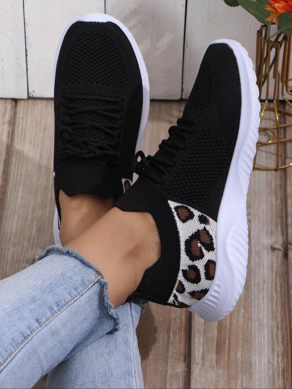 Leopard Print Lace up Low Top Sneakers, Fall 2024 Casual Athletic Lightweight Comfortable Training Running Sports Shoes, Trainer for Back To School Footwear 2024, Fall Outfits, Fall Freshness