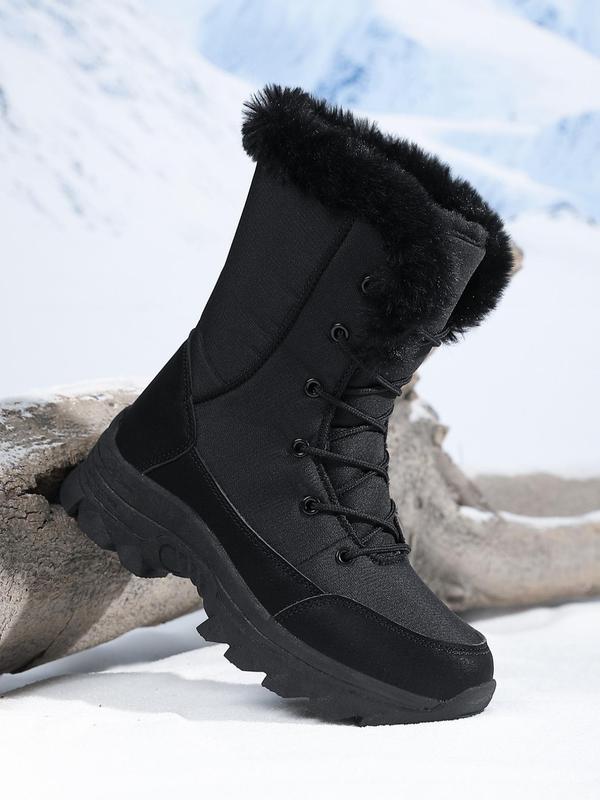 Women's Solid Color Lace Up Mid-calf Snow Boots, Casual Warm Plush Ankle Boots for Winter, Female All-match Round Toe Shoes for Daily Wear