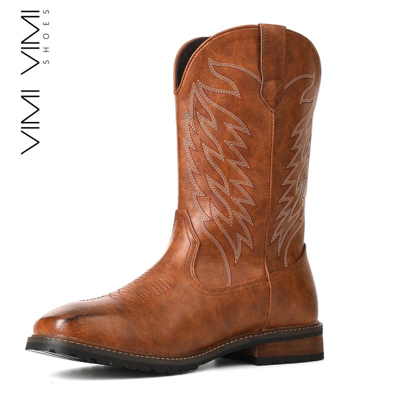 VIMI VIMI Cowboy Boots for Men Embroidered Square Toe Mid Calf Retro Classic Pull On Western Booties