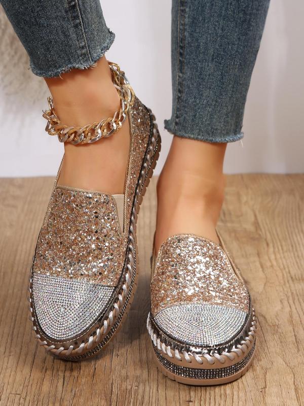 Women's Fashion Rhinestone Decorated Slip on Platform Shoes, Casual Lightweight Glittering Sequin Decor Shoes for Daily Wear, Non-slip Comfortable Shoes for Women & Girls