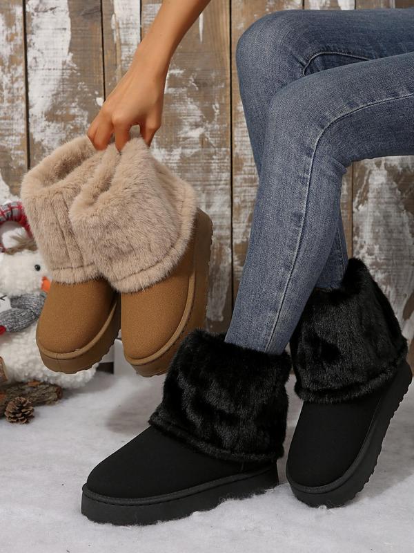 Women's Fashionable Contrast Faux Fur Snow Boots, Casual Comfortable Ankle Boots for Fall & Winter, Female All-match Round Toe Shoes for Daily Wear