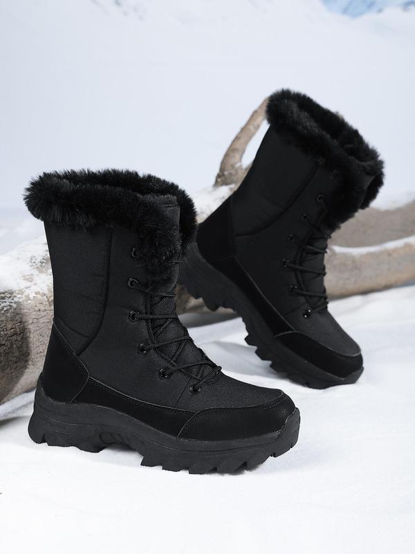 Women's Solid Color Lace Up Mid-calf Snow Boots, Casual Warm Plush Ankle Boots for Winter, Female All-match Round Toe Shoes for Daily Wear