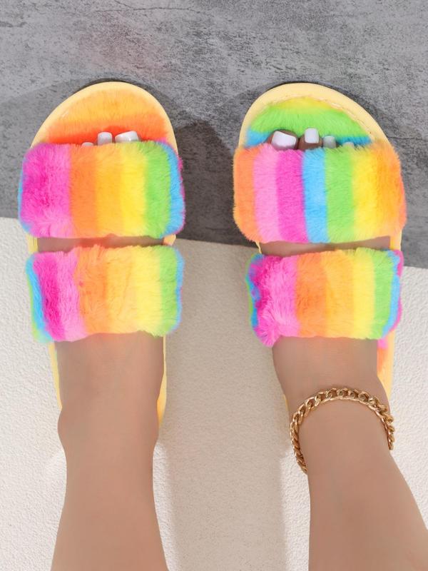 Women's 2024 Novelty Rainbow Colorful Fluffy Slippers, Comfort Minimalist Footwear, Slide Shoes, Girls Flipflop, Casual Matching New Trendy Soft Comfy Fuzzy House Slippers, Warm Cute Slippers for Fall & Winter, Fall Outfits, Fall Freshness