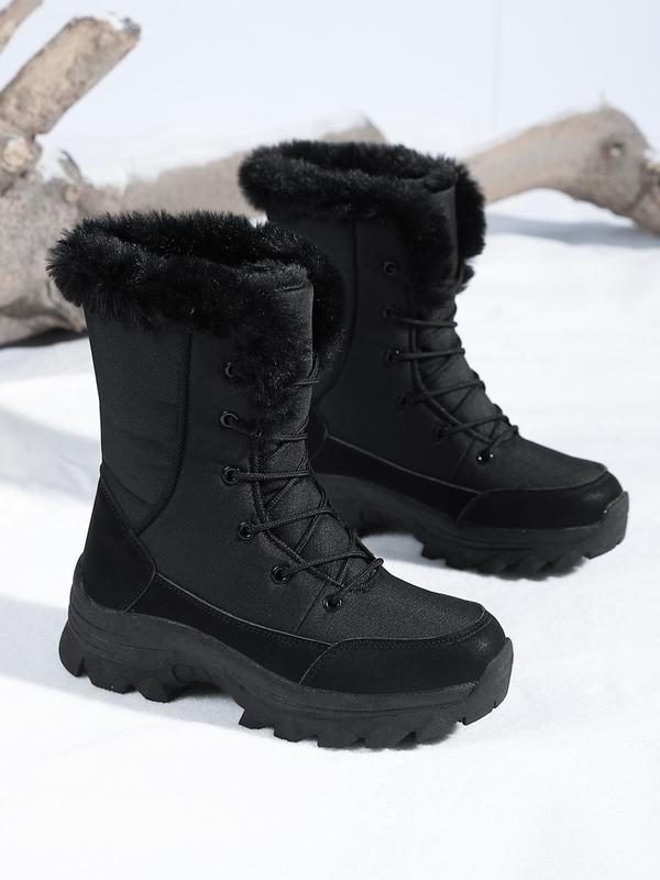 Women's Solid Color Lace Up Mid-calf Snow Boots, Casual Warm Plush Ankle Boots for Winter, Female All-match Round Toe Shoes for Daily Wear