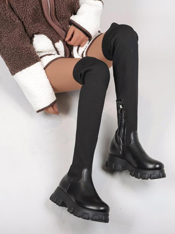 Women's 2024 Trendy Plain Knitted over the Knee Thigh High Chunky Sole Sock Boots, Platform Boots for Daily Wear, Women's Winter Boots Suitable for Fall & Winter, Botas Para Hombre, Fall Outfit