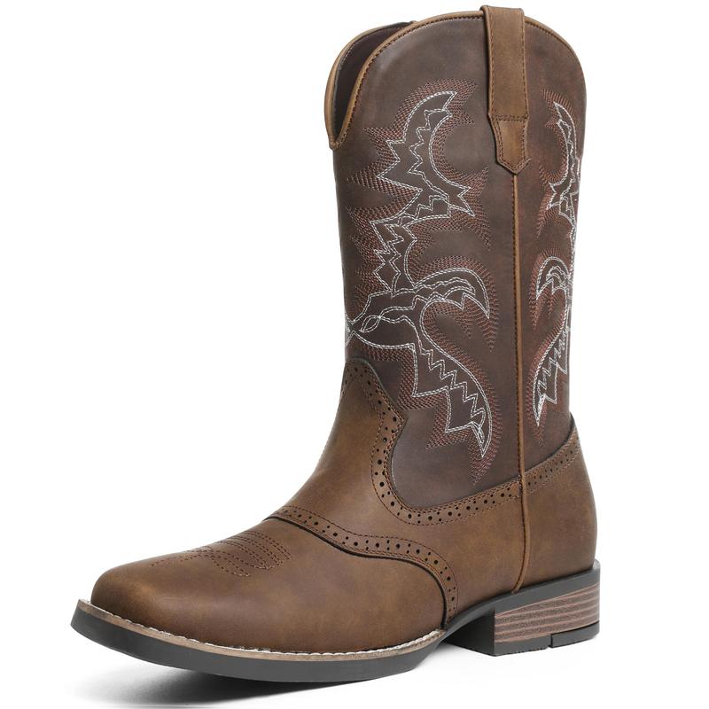 Western Cowboy Boots for Men Pointed Toe Mid Calf Mens Western Cowboy Boots Knee High Embroidered Chunky Heel Brown Black Boots