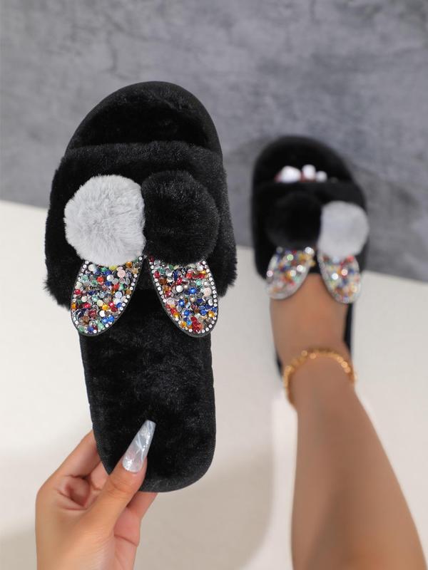 1 Pair Women's Cute Non-slip Fluffy Rhinestone Rabbit House Slides, Soft Comfy Fuzzy Home Slippers, Warm Cozy Slippers for Daily Wear for Fall & Winter, Comfort Girl Footwear, Black Slide Shoes