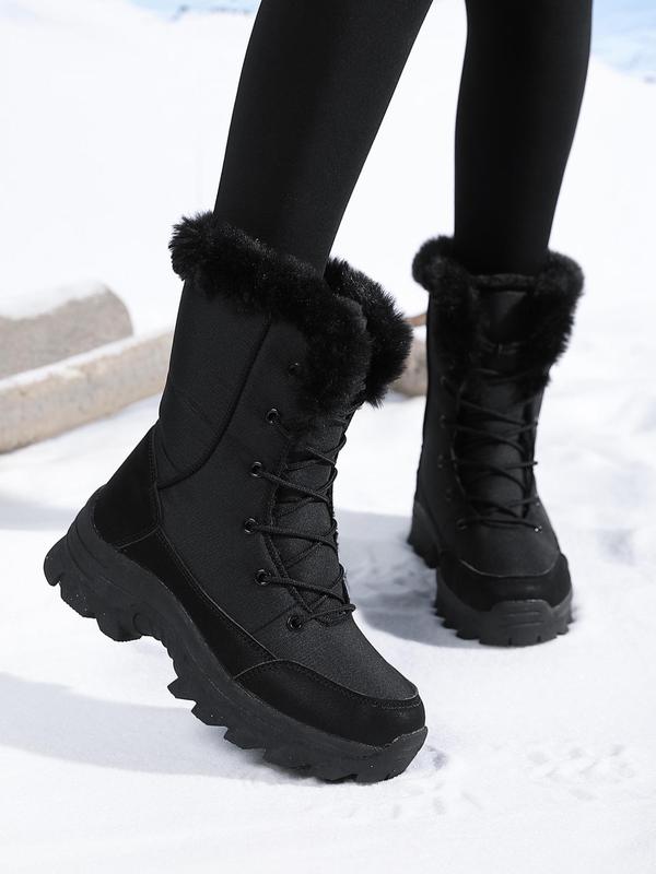 Women's Solid Color Lace Up Mid-calf Snow Boots, Casual Warm Plush Ankle Boots for Winter, Female All-match Round Toe Shoes for Daily Wear