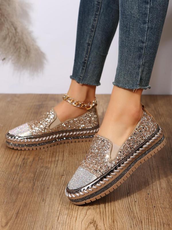 Women's Fashion Rhinestone Decorated Slip on Platform Shoes, Casual Lightweight Glittering Sequin Decor Shoes for Daily Wear, Non-slip Comfortable Shoes for Women & Girls