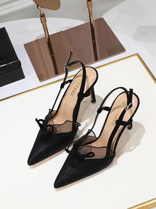 Women's Sexy Pointed Toe Black Lace Decor Glitter Heels, with Leaf Design, Trendy Slip on Heels, All-match High Heels for Party & Daily Wear